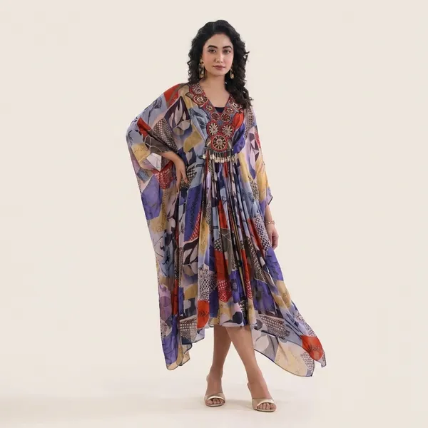 Multicolor_Abstract_Print_Designer_Kaftan_Dress_with_Embellished_Neckline