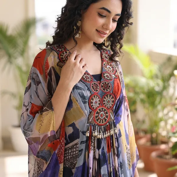 Multicolor_Abstract_Print_Designer_Kaftan_Dress_with_Embellished_Neckline