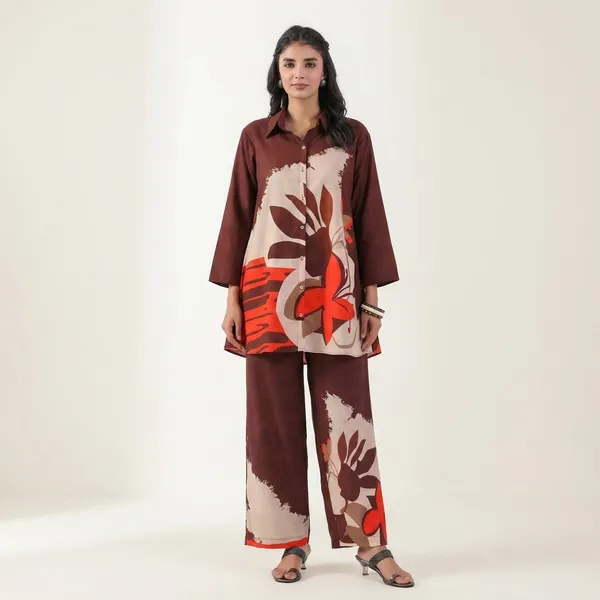 Brown_Abstract_Floral_Printed_Kurti_with_Matching_Palazzo_Set