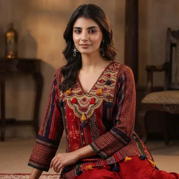 Royal_Boho_Printed_A-Line_Kurti_Set_with_Tassel_Detail