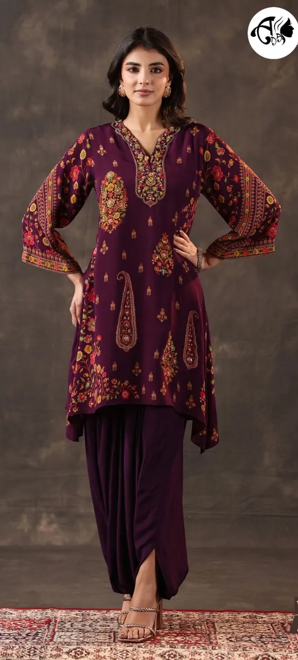 Wine_Embroidered_Asymmetrical_Kurta_with_Dhoti_Pants_Set_Plum_Floral_Embroidered_Designer_Kurti_Set