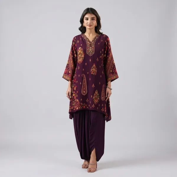 Wine_Embroidered_Asymmetrical_Kurta_with_Dhoti_Pants_Set_Plum_Floral_Embroidered_Designer_Kurti_Set