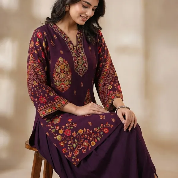 Wine_Embroidered_Asymmetrical_Kurta_with_Dhoti_Pants_Set_Plum_Floral_Embroidered_Designer_Kurti_Set