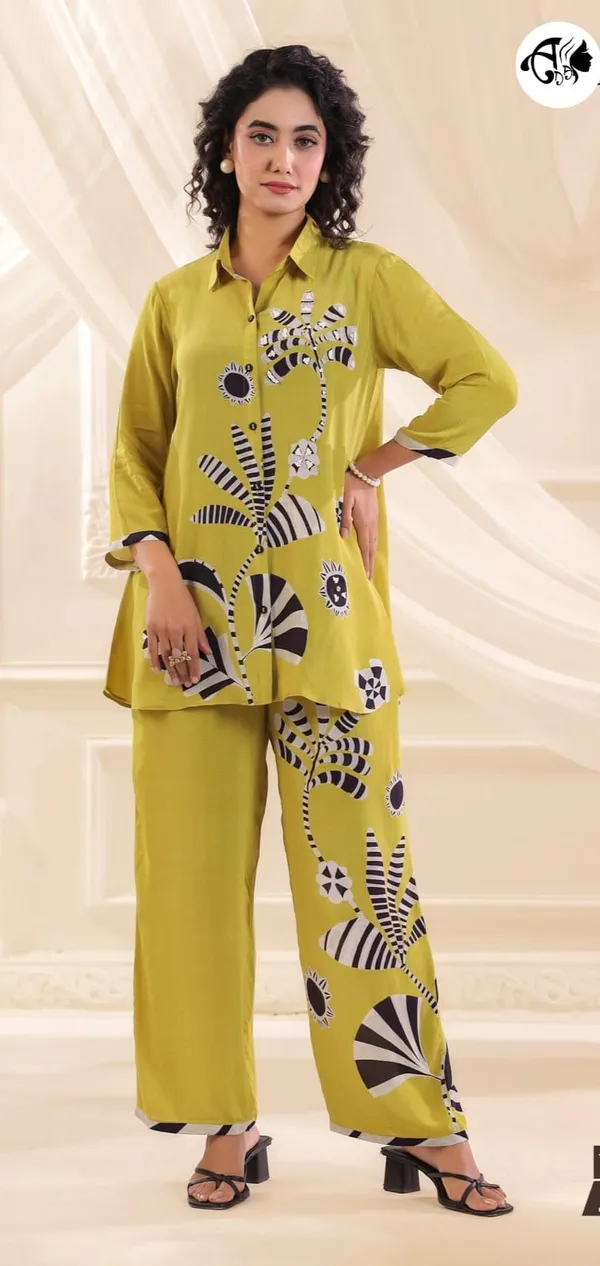 Lime_Green_Abstract_Printed_Shirt_Co-ord_Set_Mustard_Lime_Botanical_Print_Two-Piece_Set