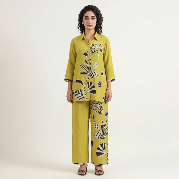 Lime_Green_Abstract_Printed_Shirt_Co-ord_Set_Mustard_Lime_Botanical_Print_Two-Piece_Set