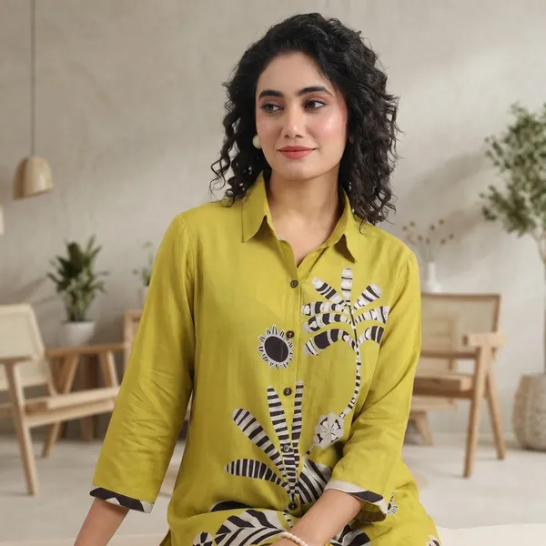 Lime_Green_Abstract_Printed_Shirt_Co-ord_Set_Mustard_Lime_Botanical_Print_Two-Piece_Set