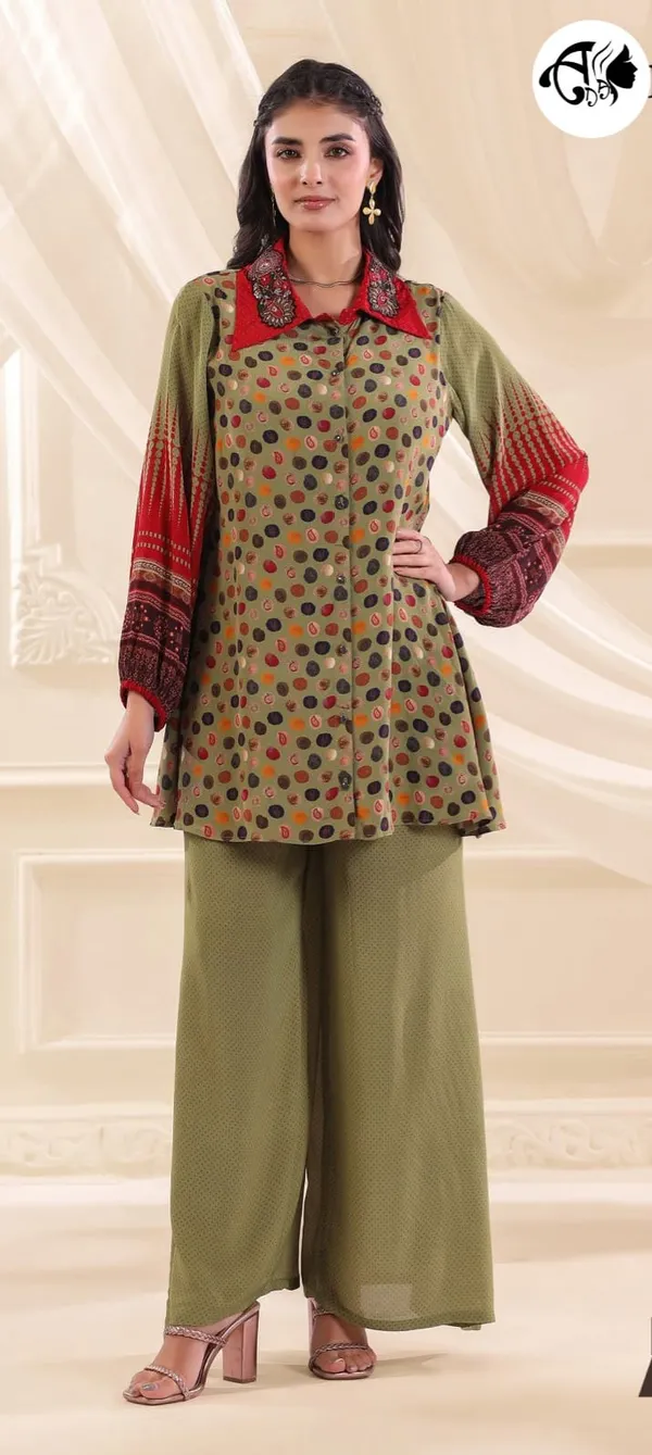 Polka_Print_Kurta_with_Palazzo_Set_Olive_&_Red_Contrast_Collar_Designer_Co-ord_Set