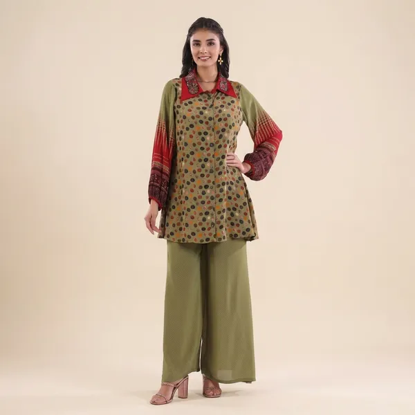Polka_Print_Kurta_with_Palazzo_Set_Olive_&_Red_Contrast_Collar_Designer_Co-ord_Set