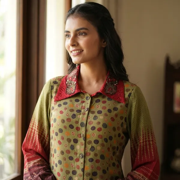 Polka_Print_Kurta_with_Palazzo_Set_Olive_&_Red_Contrast_Collar_Designer_Co-ord_Set