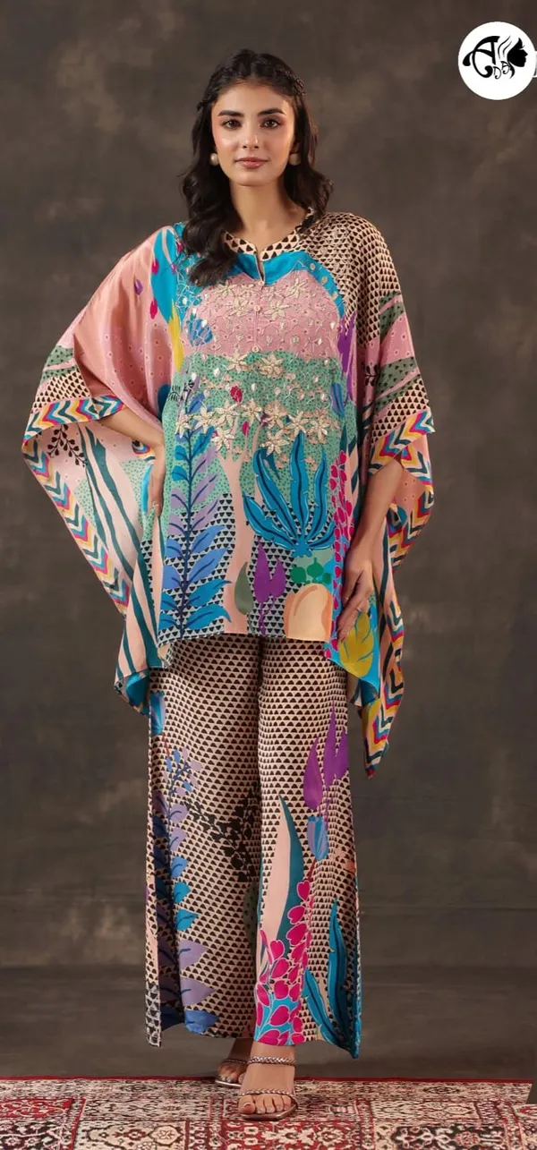 Pastel_Multicolor_Designer_Kaftan_Kurta_Set_Abstract_Floral_Fusion_Kaftan_Palazzo_Set