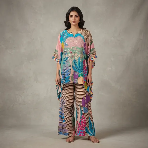 Pastel_Multicolor_Designer_Kaftan_Kurta_Set_Abstract_Floral_Fusion_Kaftan_Palazzo_Set