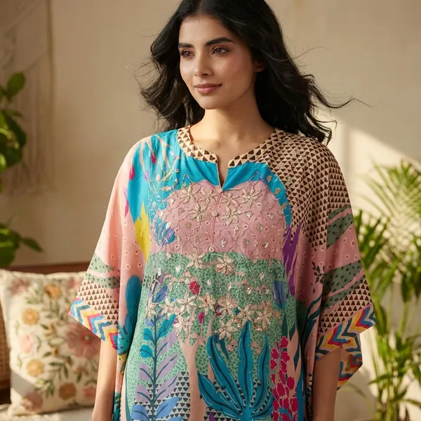 Pastel_Multicolor_Designer_Kaftan_Kurta_Set_Abstract_Floral_Fusion_Kaftan_Palazzo_Set