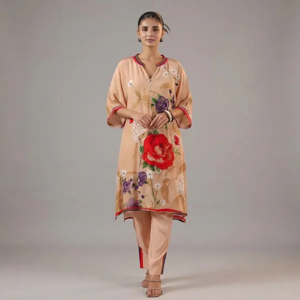 Peach_Floral_Designer_Kurta_Setya_Elegant_Blossom_Print_Kurti_Pant_Set