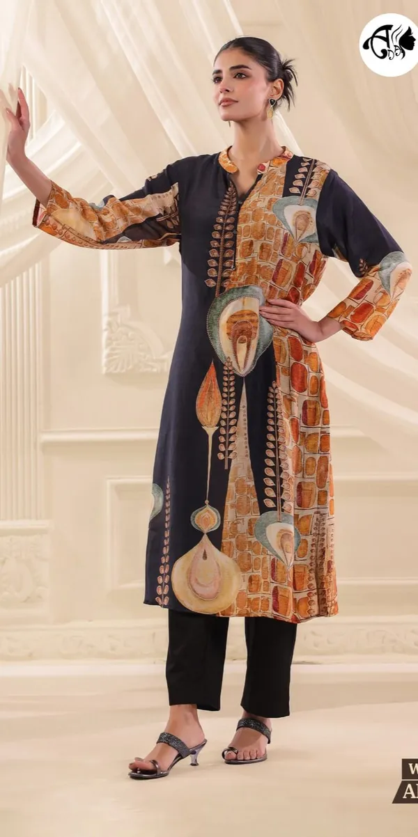 Black_&_Rust_Abstract_Print_Designer_Kurta_Setya_Dual_Tone_Artistic_Print_Kurti_Pant_Set