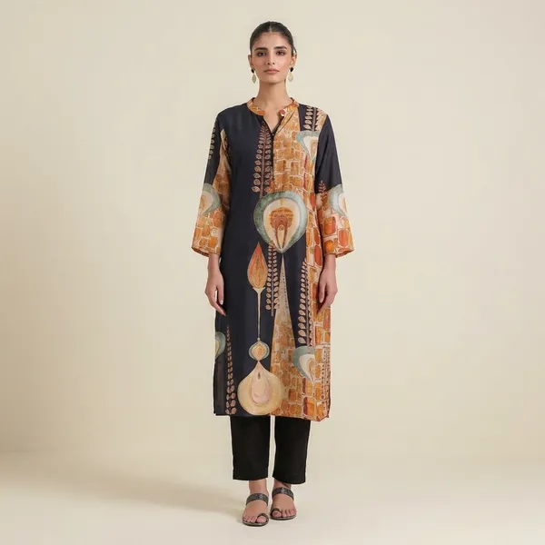 Black_&_Rust_Abstract_Print_Designer_Kurta_Setya_Dual_Tone_Artistic_Print_Kurti_Pant_Set
