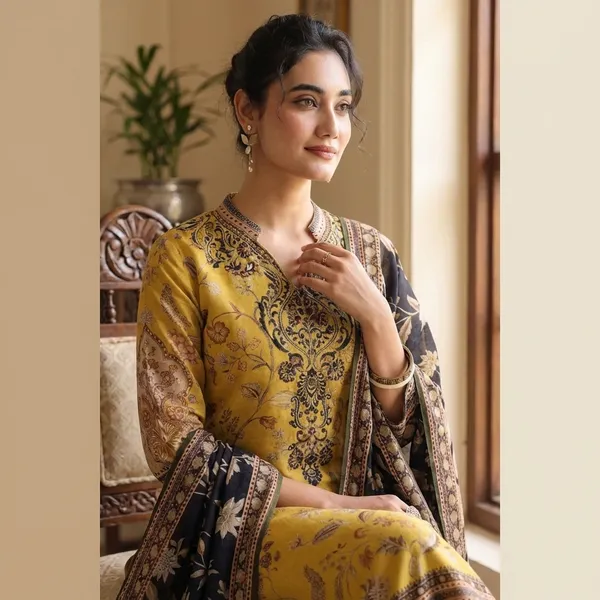 Mustard_Floral_Mughal_Print_Kurta_Set_with_Dupattaya_Golden_Yellow_Traditional_Print_Designer_Suit_Set