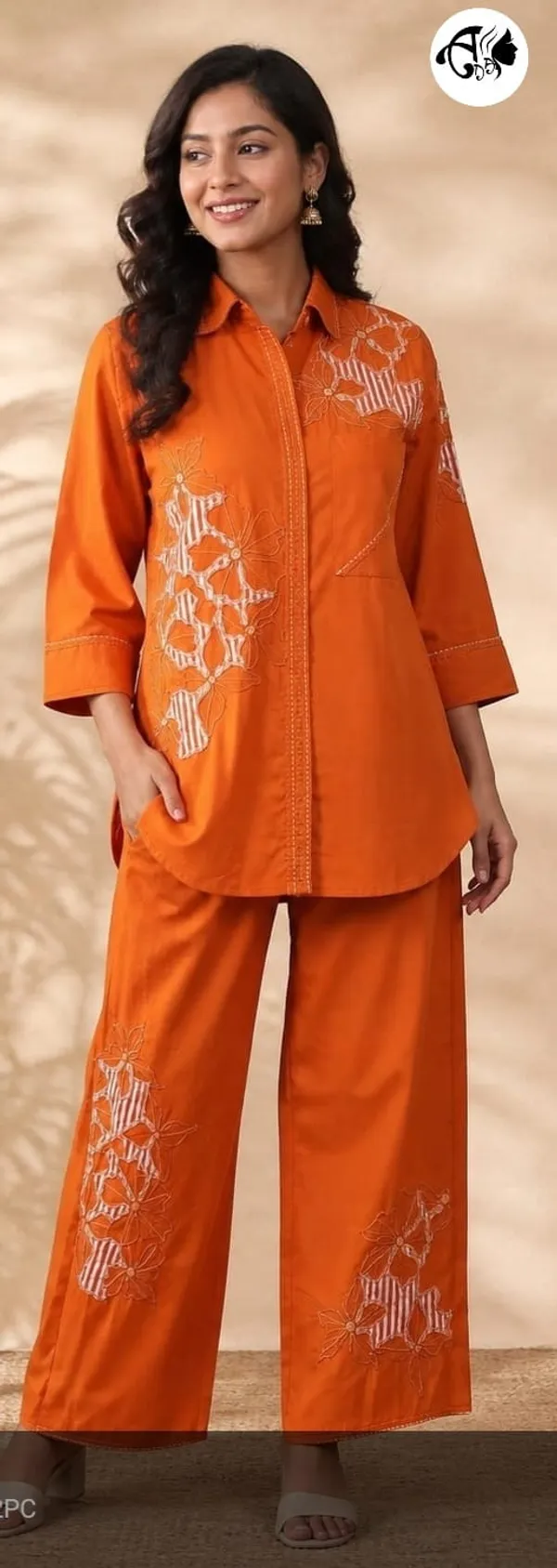 Rust_Orange_Cotton_Fusion_Embroidered_Co_Ord_Set_For_Women