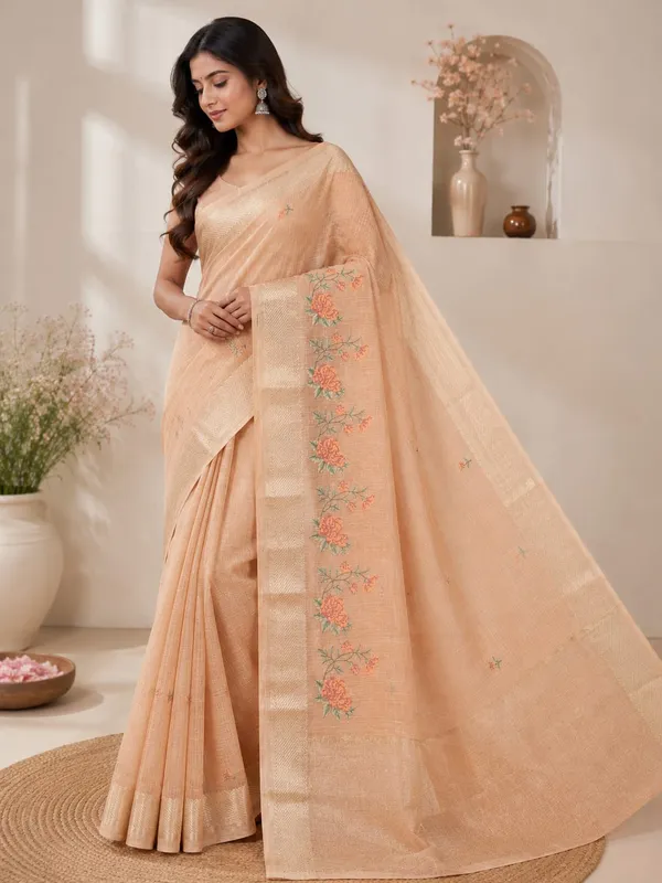 Golden_Beige_Floral_Embroidered_Saree