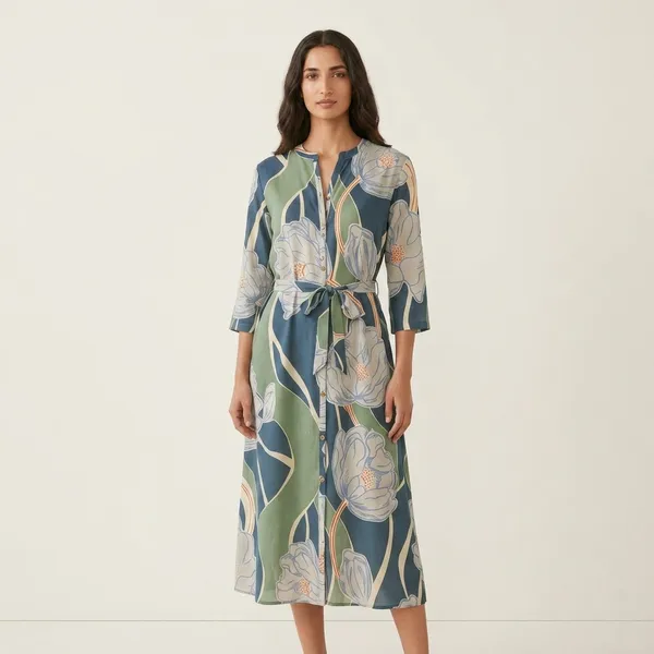 Teal_Blue_Cotton_Fusion_Printed_Midi_Dress_For_Women