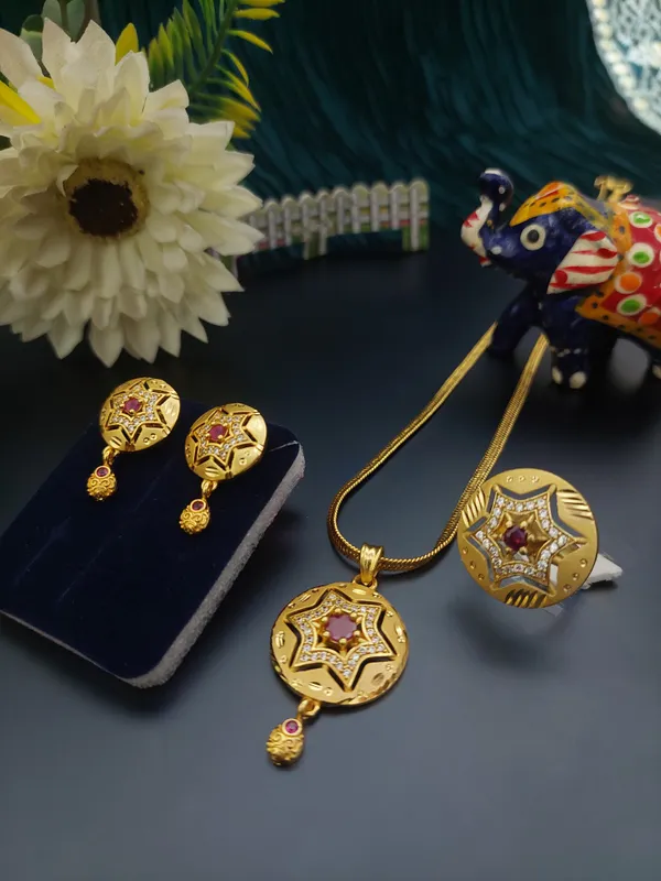 Gold_Plated_Round_Star_Ruby_&_AD_Pendant_Set_with_Earrings_and_Adjustable_Ring_for_Women