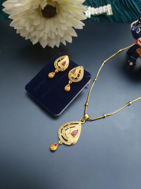 Gold_Plated_Teardrop_Ruby_&_AD_Pendant_Set_with_Earrings_for_Women