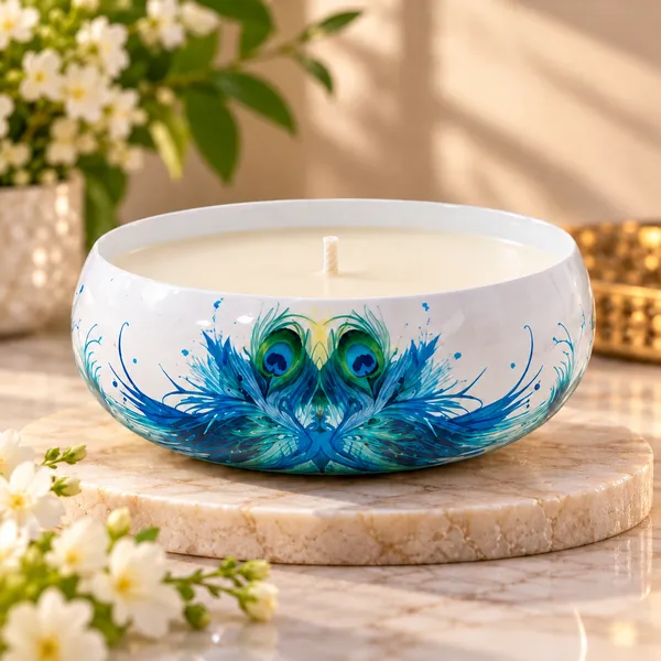 FRENDORA_U24-E_Peacock_Feather_Decorative_Candle_Bowl_for_Home_Décor_&_Gifting