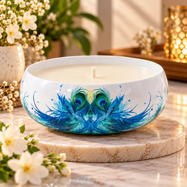 FRENDORA_U24-E_Peacock_Feather_Decorative_Candle_Bowl_for_Home_Décor_&_Gifting