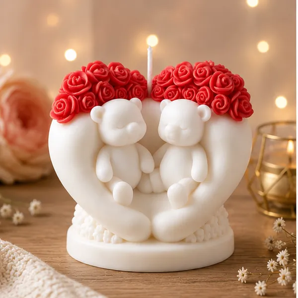 Decorative_Candle_With_Twin_Bears_And_Rose_Crown,_Pink_And_Cream_Pack_of_1