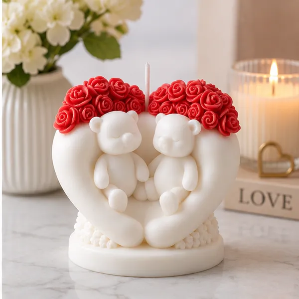 Decorative_Candle_With_Twin_Bears_And_Rose_Crown,_Pink_And_Cream_Pack_of_1