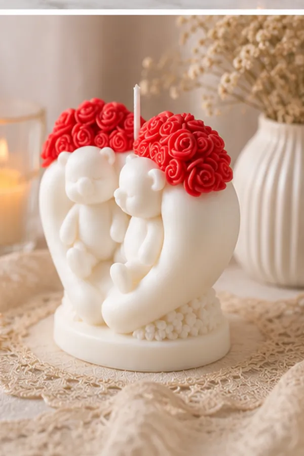 Decorative_Candle_With_Twin_Bears_And_Rose_Crown,_Pink_And_Cream_Pack_of_1