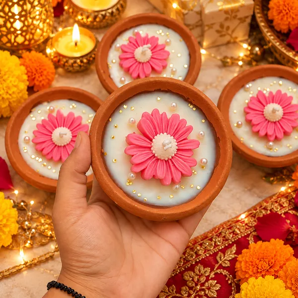 Handmade_Daisy_Diya_Candle_with_Pink_Flower_Design,_Decorative_Terracotta_Candle_for_Diwali,_Pooja,_Home_Décor_&_Festive_Gifting