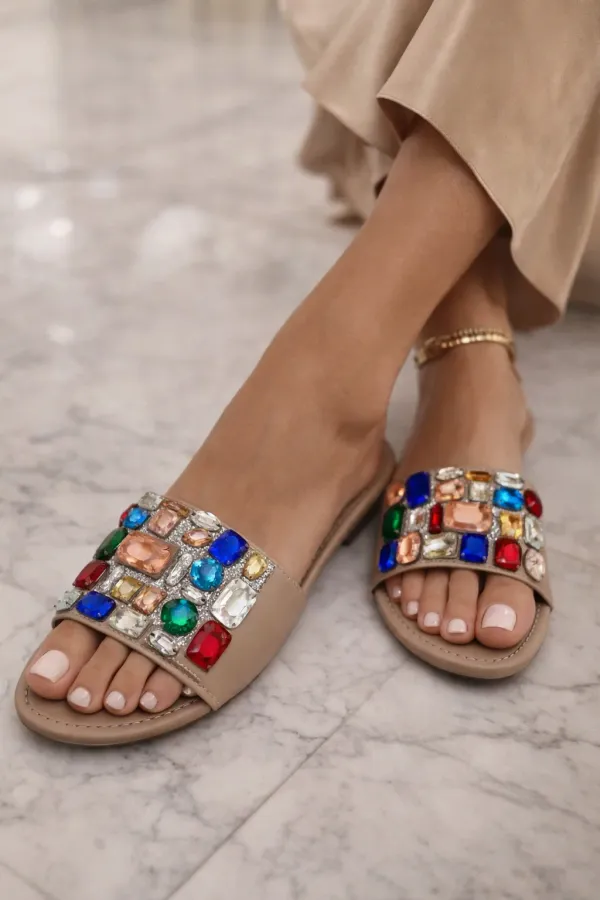 HINDONI_Gold_Embellished_Slide_Sandals_–_Luxe_Design_with_Multicolor_Crystals