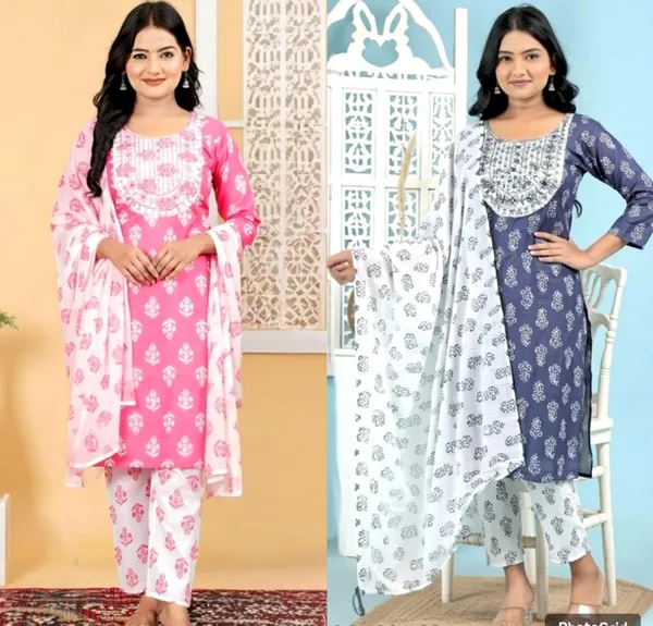 Blue_And_Pink_Kurta_Set_With_Dupatta_Pant_Combo_Set_For_Women_Pack_Of_2