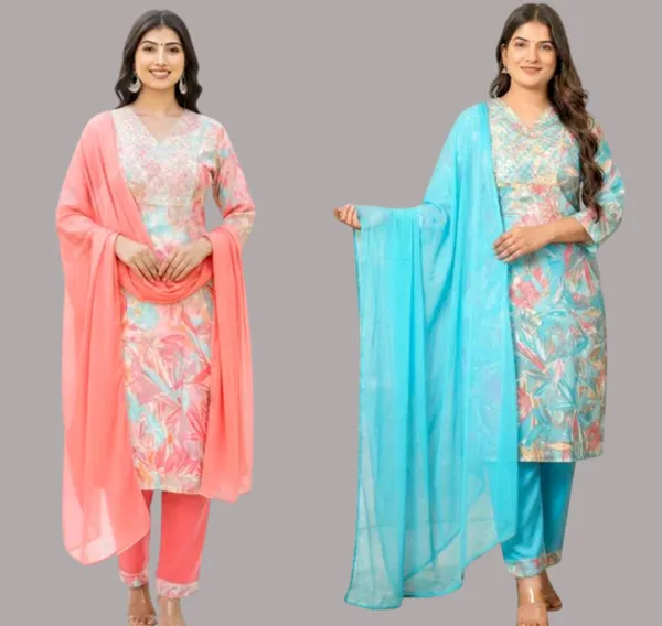 Blue_And_Pink_Floral_Print_Straight_Kurta_With_Pants_Dupatta_Combo_Set_Pack_Of_2