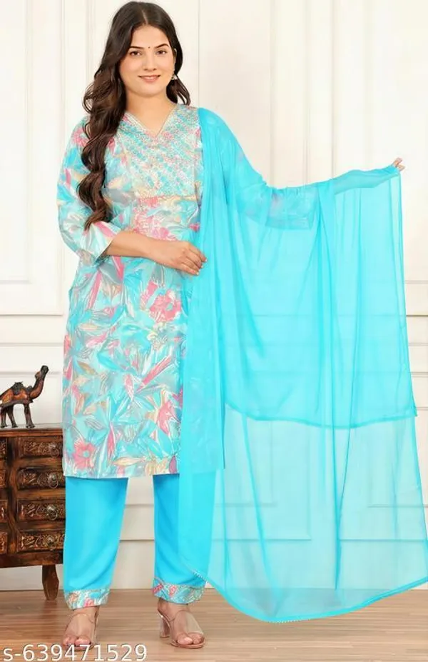 Aquablue_Rayon_Embroidered_Kurti_Pant_With_Dupatta_Set_Woman_Girls_For_Women