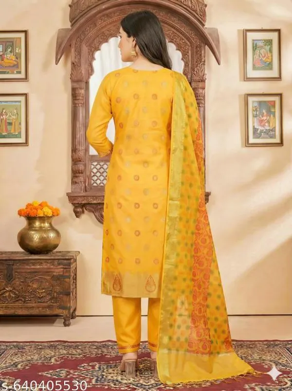 Yellow_Woven_Design_Banarasi_Art_Silk_Festive_Kurta_Pant_Set_With_Dupatta_For_Women