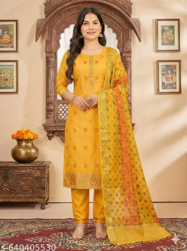 Yellow_Woven_Design_Banarasi_Art_Silk_Festive_Kurta_Pant_Set_With_Dupatta_For_Women