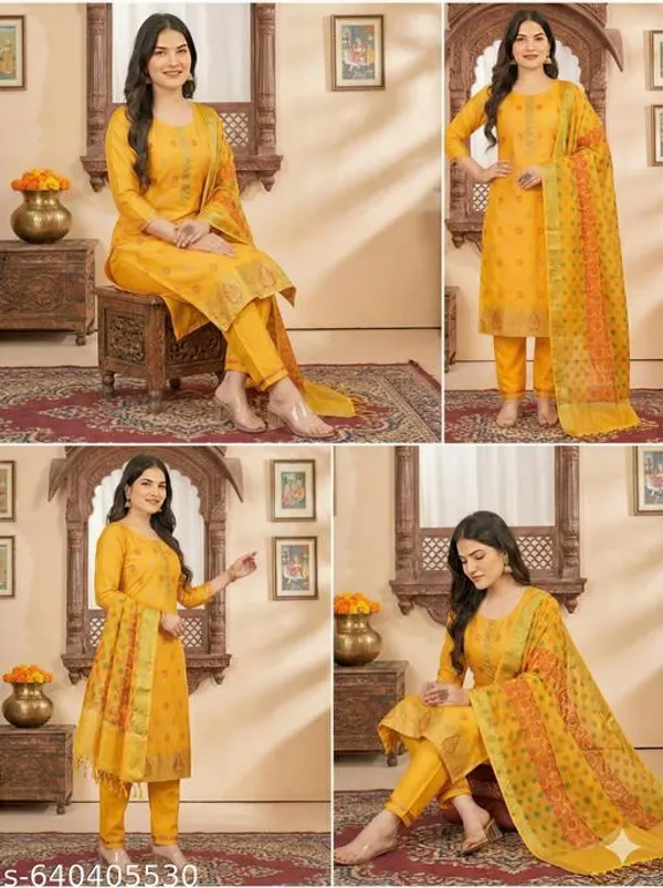 Yellow_Woven_Design_Banarasi_Art_Silk_Festive_Kurta_Pant_Set_With_Dupatta_For_Women