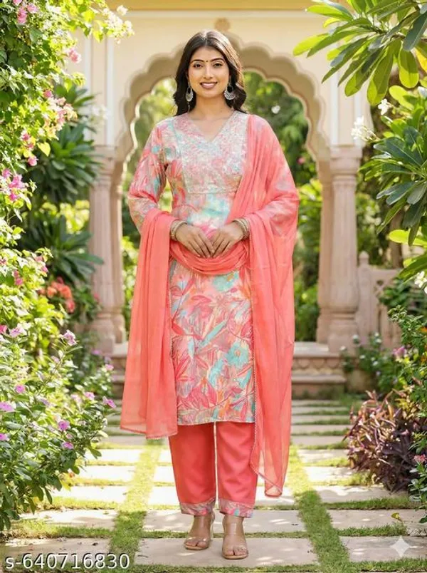 Peach_Rayon_Floral_Print_Kurta_And_Pant_Set_With_Dupatta_And_Gota_Patti_Work_Party_Wear_Festive_Wear_For_Women