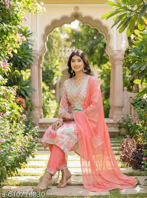 Peach_Rayon_Floral_Print_Kurta_And_Pant_Set_With_Dupatta_And_Gota_Patti_Work_Party_Wear_Festive_Wear_For_Women