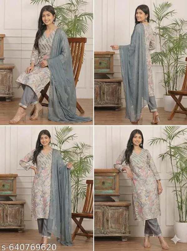 Grey_And_Green_Kurta_Pant_Set_With_Dupatta_Set_Combo_Set_For_Women_Pack_Of_2