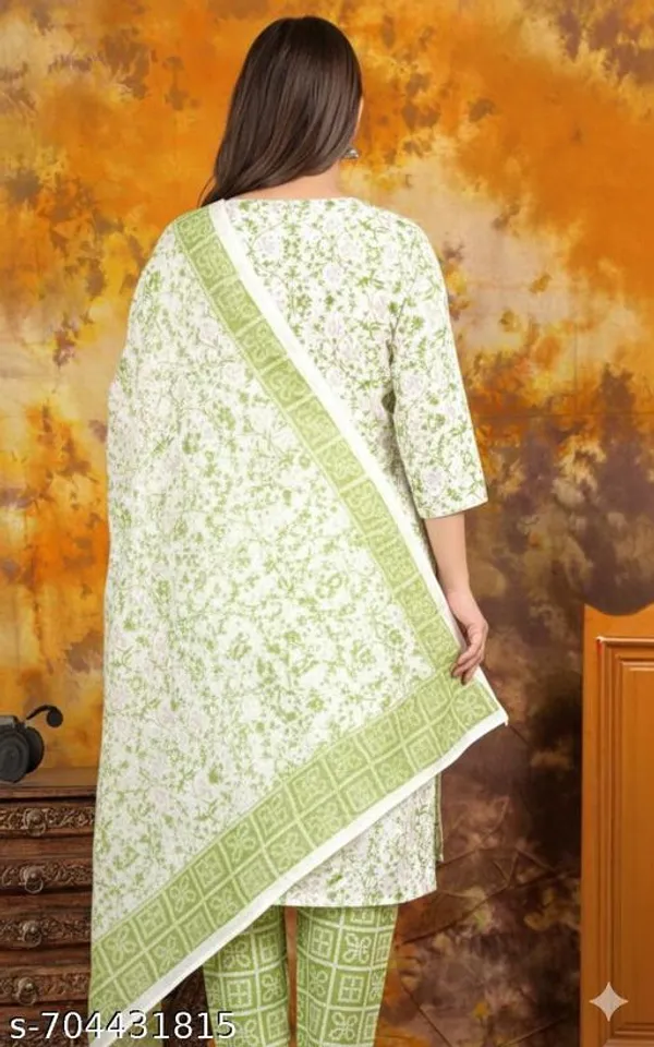 White_And_Green_Floral_Printed_Kurta_Pant_Dupatta_Set_V_Neck_Kurta_For_Women