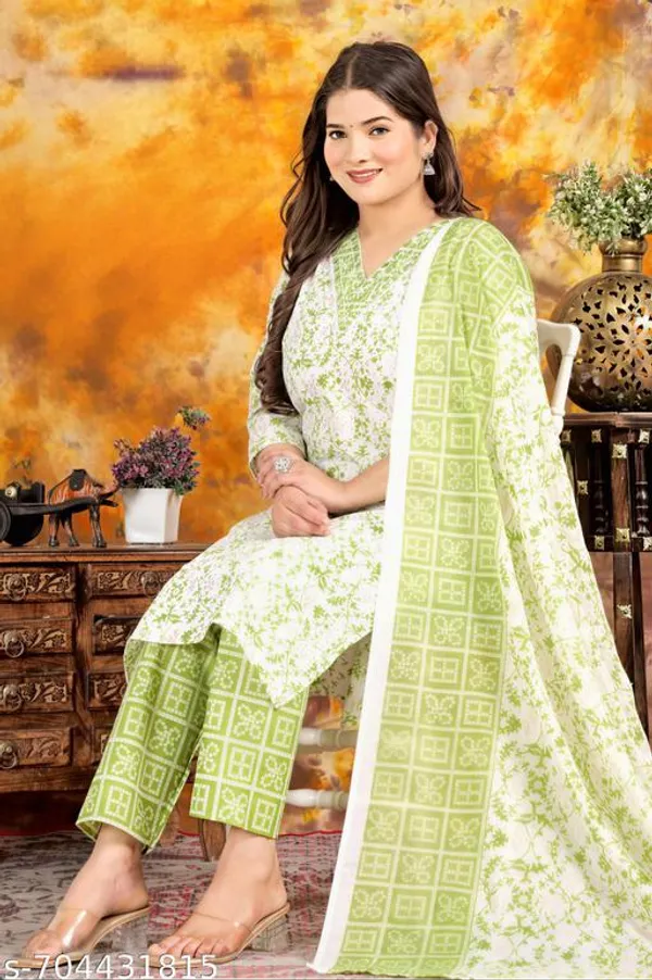 White_And_Green_Floral_Printed_Kurta_Pant_Dupatta_Set_V_Neck_Kurta_For_Women