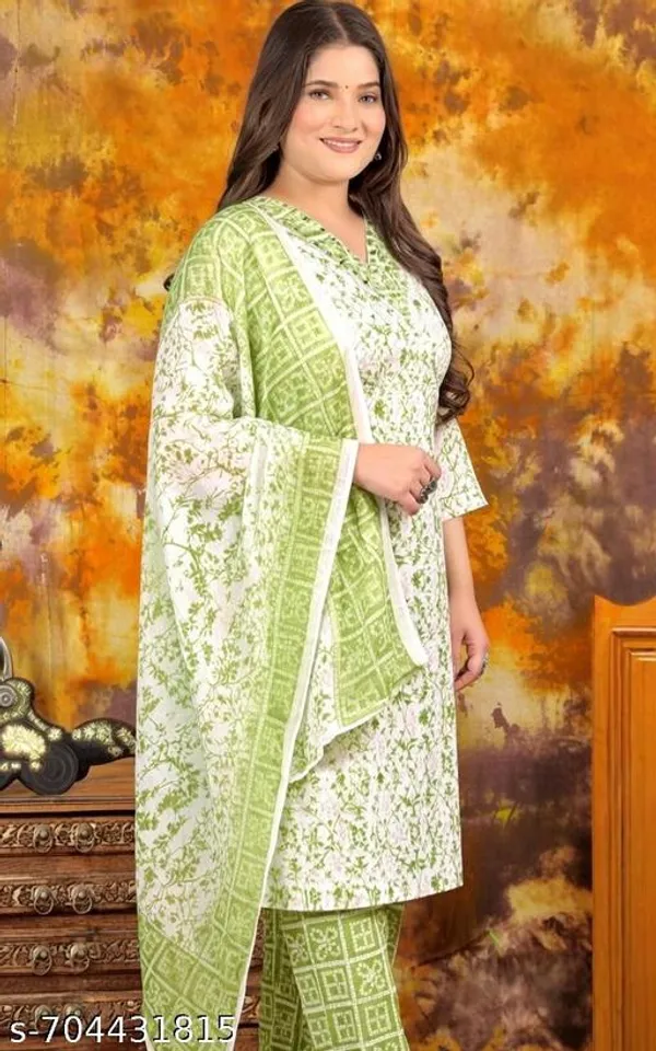 White_And_Green_Floral_Printed_Kurta_Pant_Dupatta_Set_V_Neck_Kurta_For_Women