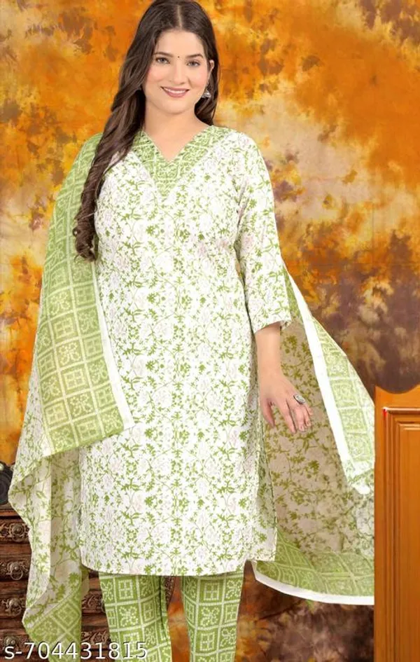 White_And_Green_Floral_Printed_Kurta_Pant_Dupatta_Set_V_Neck_Kurta_For_Women