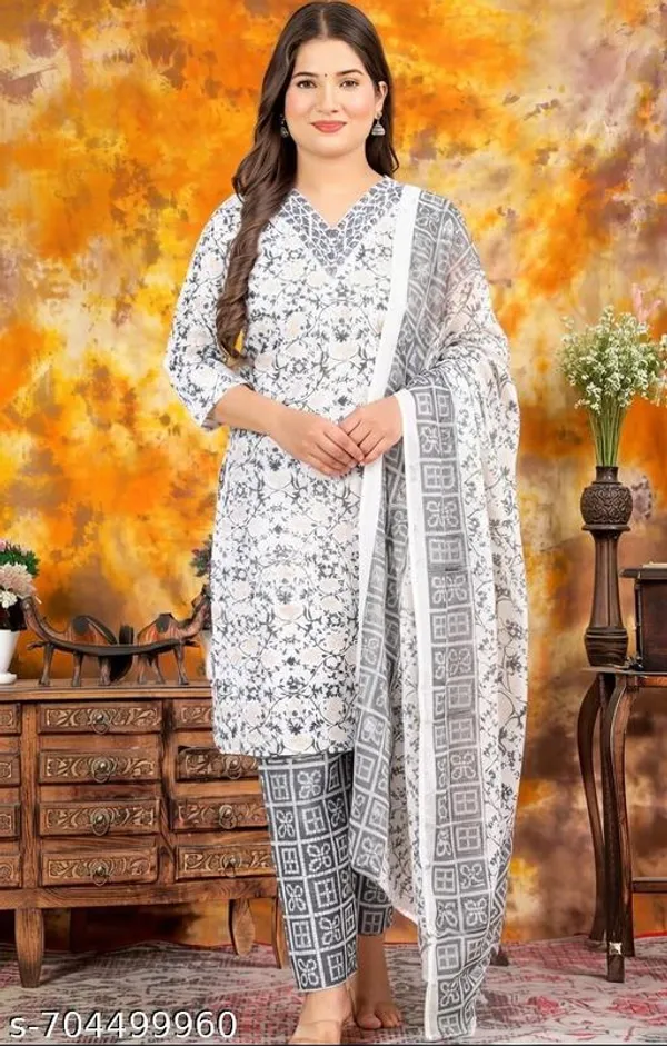 White_Printed_Kurta_Pant_Dupatta_Set_V_Neck_Kurta_Ethnic_Wear_For_Casual_Festive_Wear_For_Women
