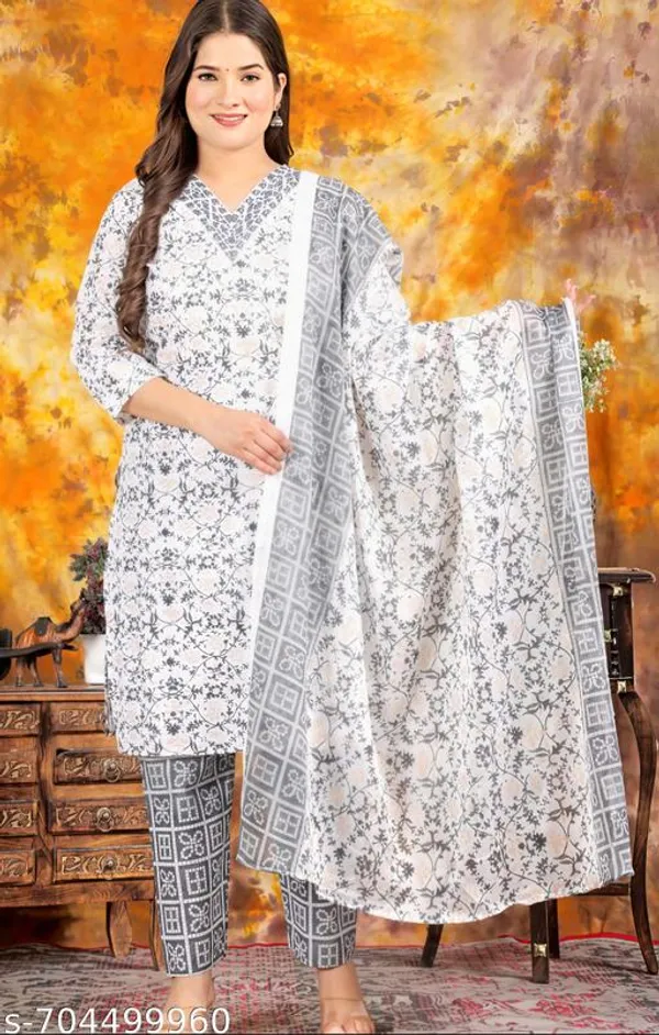 White_Printed_Kurta_Pant_Dupatta_Set_V_Neck_Kurta_Ethnic_Wear_For_Casual_Festive_Wear_For_Women