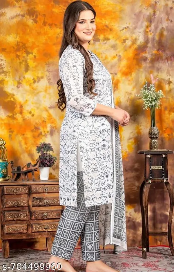 White_Printed_Kurta_Pant_Dupatta_Set_V_Neck_Kurta_Ethnic_Wear_For_Casual_Festive_Wear_For_Women
