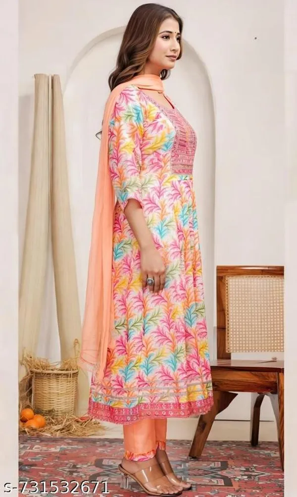 Orange_Printed_Anarkali_Frock_Kurti_With_Dupatta_Floral_Design_For_Women