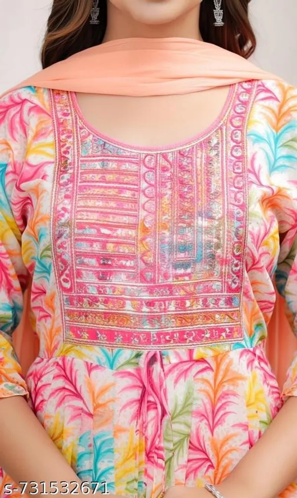 Orange_Printed_Anarkali_Frock_Kurti_With_Dupatta_Floral_Design_For_Women
